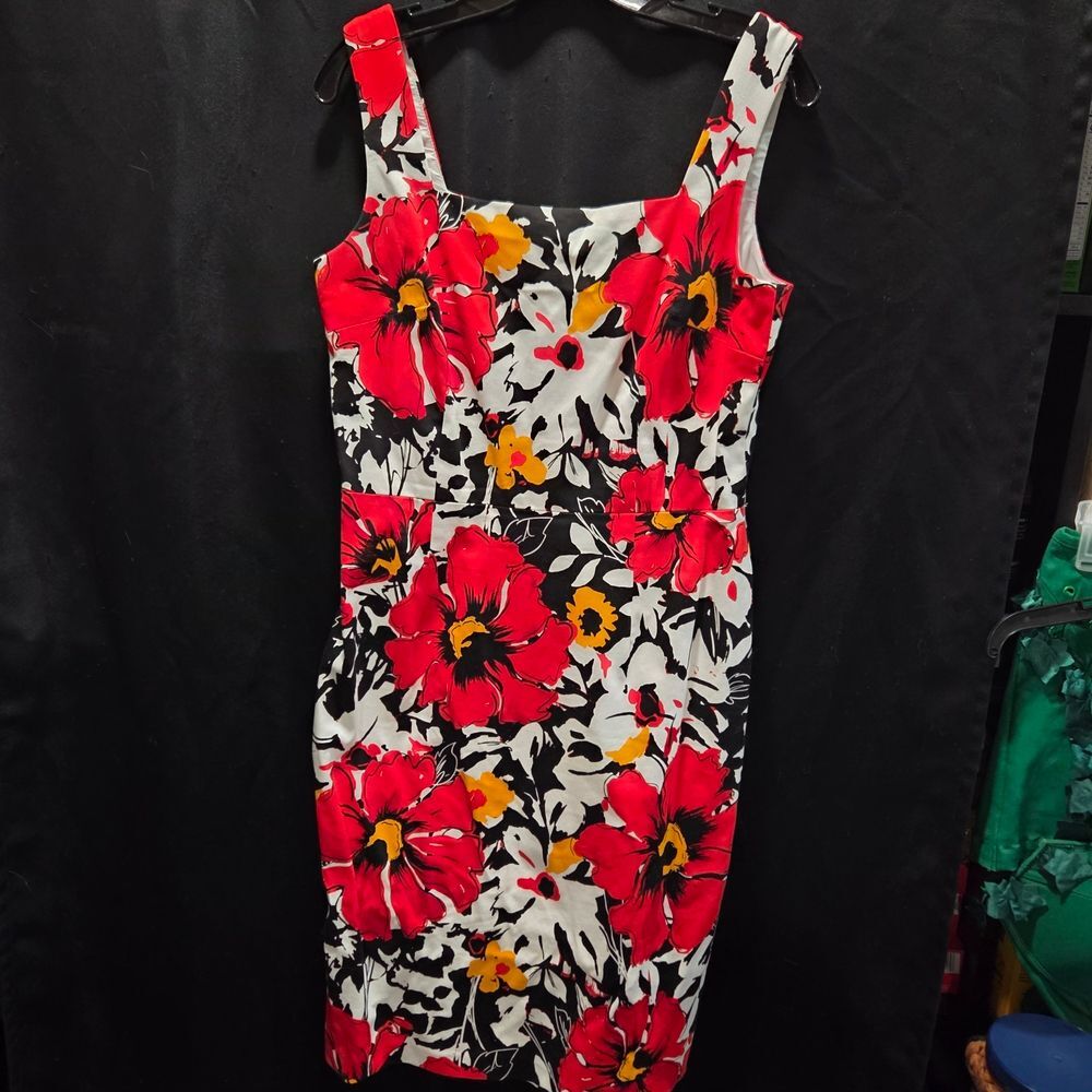 David Meister Dress 8 Red Floral Sheath Square Neck Cotton Blend EUC - Picture 2 of 13